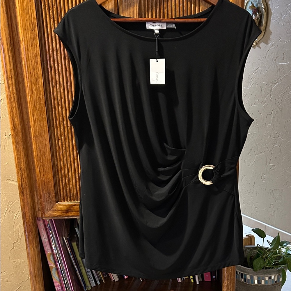Calvin Klein Black Sleeveless Blouse with Buckle